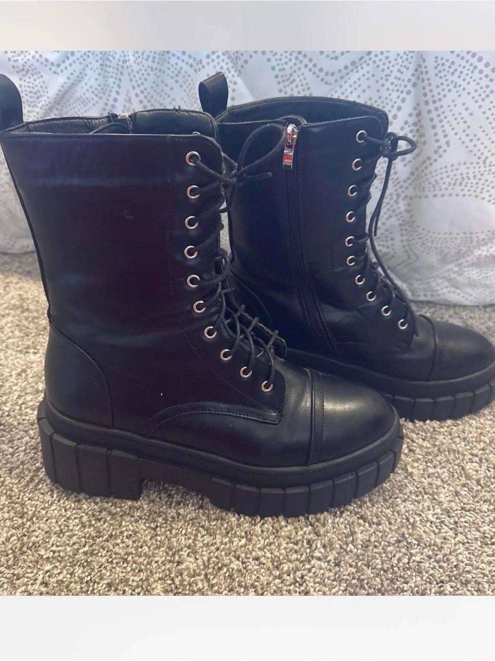 Women Black Leather Lace-Up Combat Boots